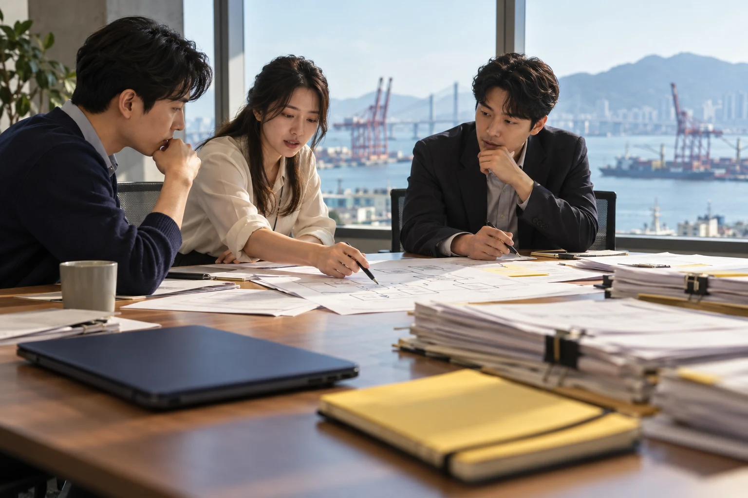 부산 항만이 보이는 사무실에서 업무 흐름을 함께 검토하는 가상의 팀