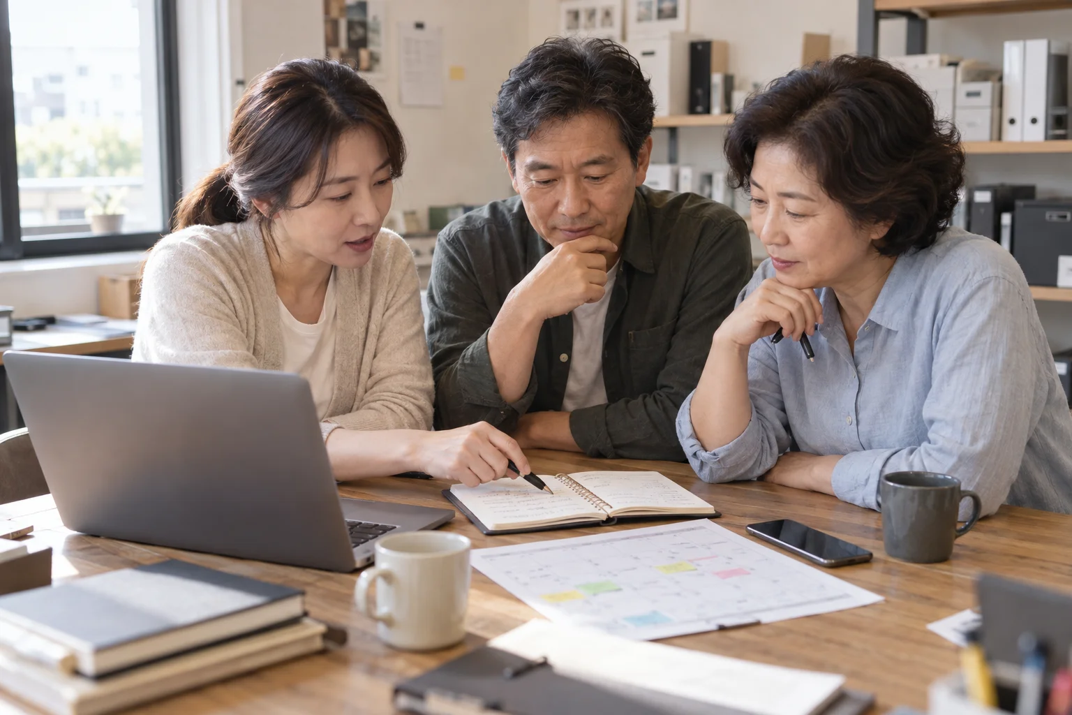작은 업무 공간에서 사장님 세 명이 노트북과 업무 노트, 일정표를 함께 살펴보는 업무 예시